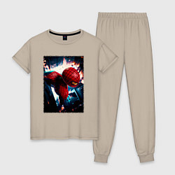 Пижама хлопковая женская Человек паук над ночным городом, цвет: миндальный