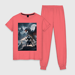 Пижама хлопковая женская Сражение рыцаря с драконом в стиле Demons Souls, цвет: коралловый