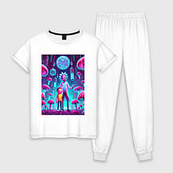 Пижама хлопковая женская Rick and Morty among neon mushrooms - ai art fanta, цвет: белый