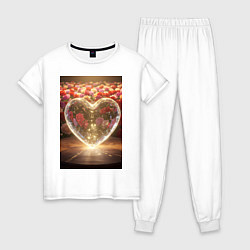 Пижама хлопковая женская Кристальное сердце на фоне роз, цвет: белый