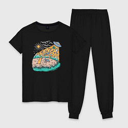 Пижама хлопковая женская НЛО на пляже, цвет: черный
