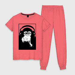Пижама хлопковая женская Monkey in the headphones, цвет: коралловый