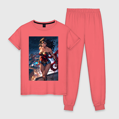 Женская пижама Чудо-женщина на крыше с городским фоном в стиле ко / Коралловый – фото 1