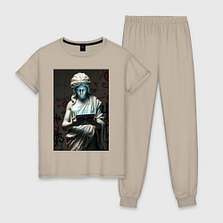 Пижама хлопковая женская Античная статуя с планшетом, цвет: миндальный