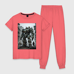 Пижама хлопковая женская Конвой роботов в городе, цвет: коралловый
