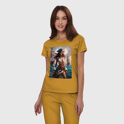 Женская пижама Пиратка на фона флотилии кораблей / Горчичный – фото 3