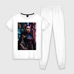 Пижама хлопковая женская Девушка с кошачьими ушами стоит на фоне небоскребо, цвет: белый