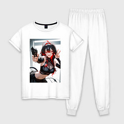Пижама хлопковая женская Девушка-демон с пистолетом, цвет: белый