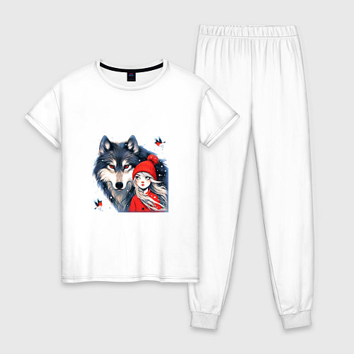 Женская пижама Красивый серый волк и шапочка Красная / Белый – фото 1