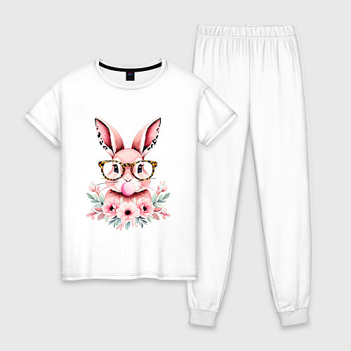 Женская пижама Розовая зайка с бубльгумом / Белый – фото 1