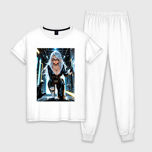 Женская пижама Черная кошка в сейфе банка / Белый – фото 1