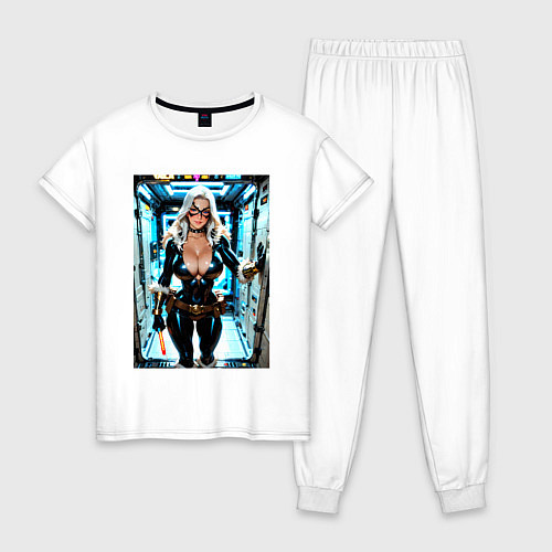 Женская пижама Черная кошка в сейфе банка / Белый – фото 1