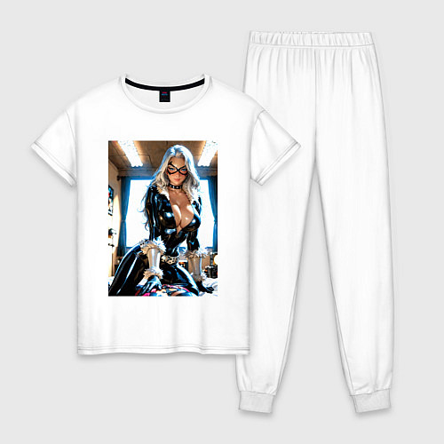 Женская пижама Черная кошка в комнате / Белый – фото 1