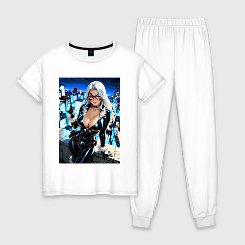 Женская пижама Черная кошка с брилиантом на крыше здания / Белый – фото 1