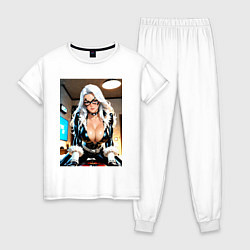 Пижама хлопковая женская Черная кошка в своей комнате, цвет: белый