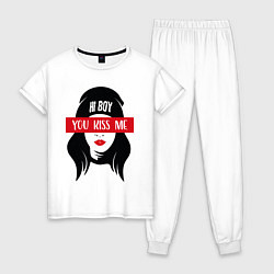 Пижама хлопковая женская Поцелуй меня, цвет: белый