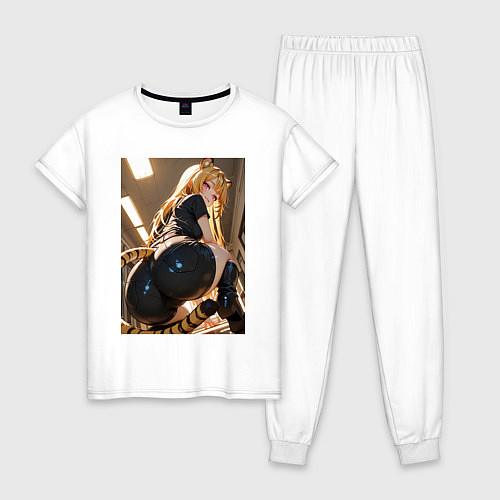 Женская пижама Девушка-тигрица в облегающих щортиках / Белый – фото 1