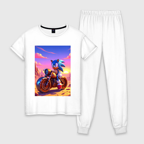 Женская пижама Ёж Соник на ржавом ретро мотоцикле в пустыне / Белый – фото 1