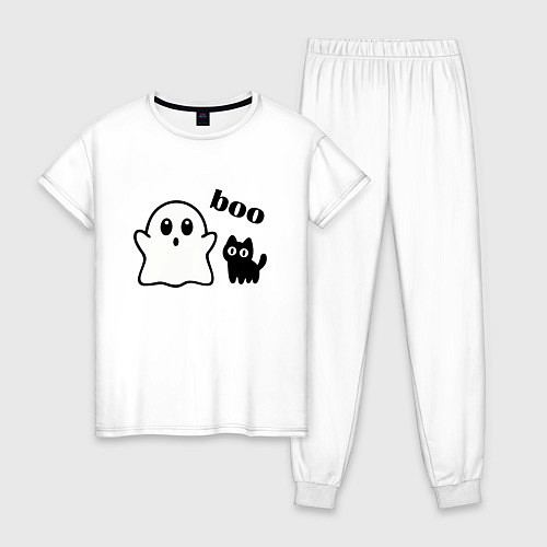 Женская пижама Хэллоуин, привидение и черный кот / Белый – фото 1
