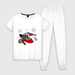 Пижама хлопковая женская Собачка в новогоднем колпаке, цвет: белый