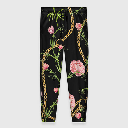 Женские брюки Versace Золотая цепь и розы / 3D-принт – фото 1
