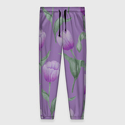 Брюки женские Фиолетовые тюльпаны с зелеными листьями, цвет: 3D-принт