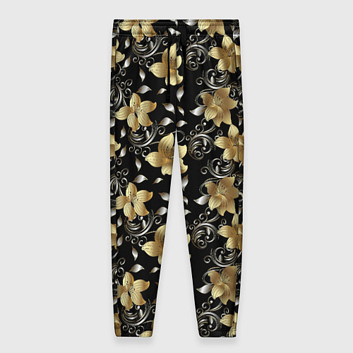 Женские брюки Золотые цветы на черном фоне / 3D-принт – фото 1