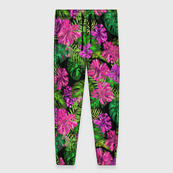 Женские брюки Тропические листья и цветы на черном фоне