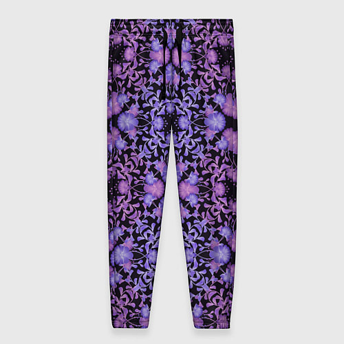 Женские брюки Розово-фиолетовый цветочный орнамент на черном / 3D-принт – фото 1