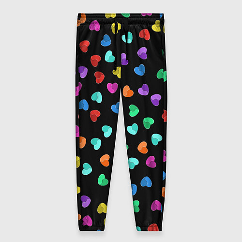 Женские брюки Сердечки разноцветные на черном / 3D-принт – фото 1