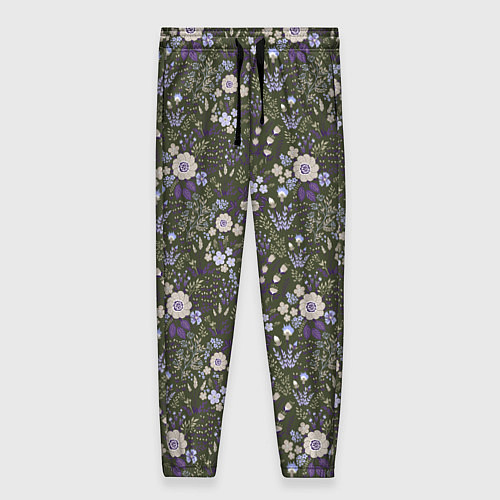 Женские брюки Цветочки хаки, мелкий рисунок / 3D-принт – фото 1