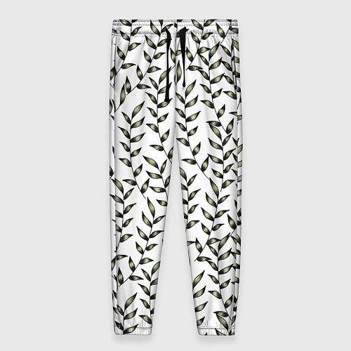 Женские брюки Зеленые лианы на белом, паттерн / 3D-принт – фото 1