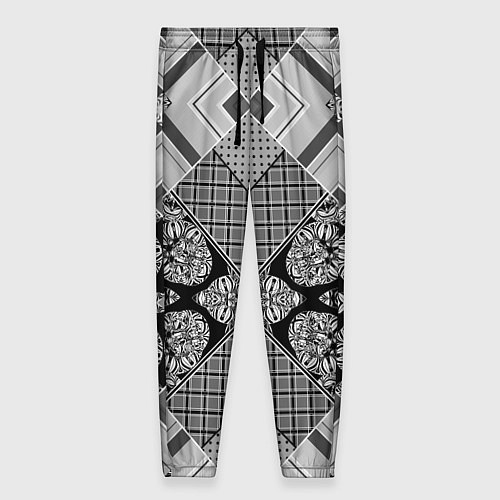 Женские брюки Черно белый этнический лоскутный узор / 3D-принт – фото 1