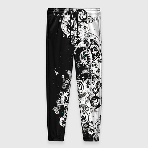Женские брюки Черно-белые цветы и колибри / 3D-принт – фото 1