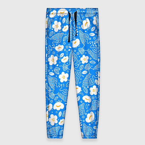 Женские брюки Белые птицы голуби и цветы яблони на синем фоне не / 3D-принт – фото 1