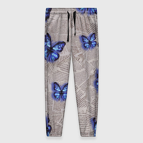 Женские брюки Газетные обрывки и синие бабочки / 3D-принт – фото 1