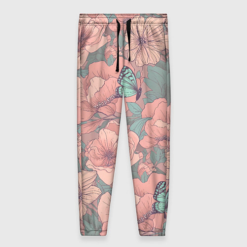 Женские брюки Паттерн с бабочками и цветами / 3D-принт – фото 1