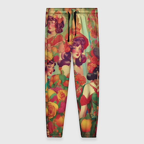 Женские брюки Винтажные ретро леди и цветы / 3D-принт – фото 1