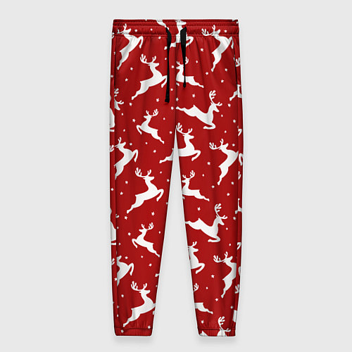 Женские брюки Красный паттерн с новогодними оленями / 3D-принт – фото 1