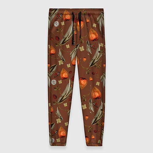 Женские брюки Перья и физалис brown / 3D-принт – фото 1