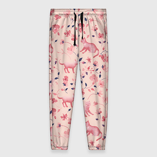 Женские брюки Розовый паттерн с цветами и котиками / 3D-принт – фото 1