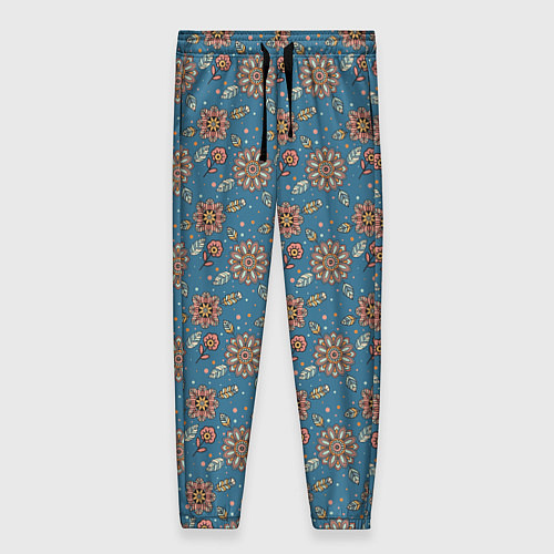 Женские брюки Цветочный узор в стиле бохо на синем / 3D-принт – фото 1