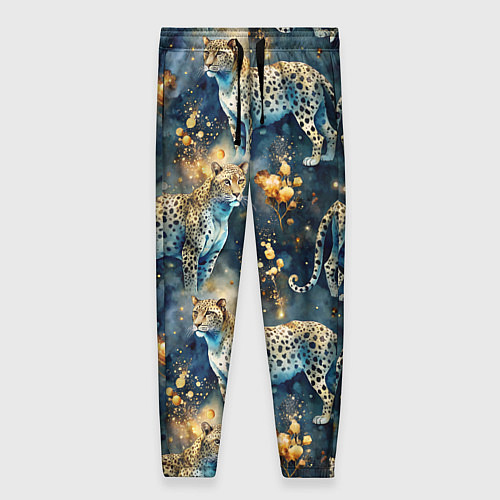 Женские брюки Леопард и золотые капли на синем фоне / 3D-принт – фото 1