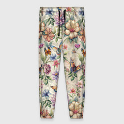 Женские брюки Летний узор с цветами и бабочками