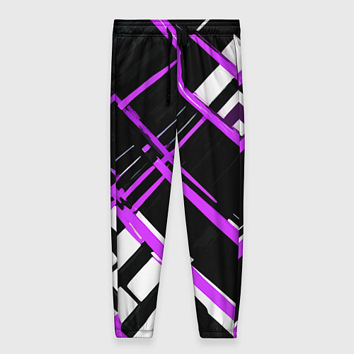 Женские брюки Фиолетово-белые линии на чёрном фоне / 3D-принт – фото 1