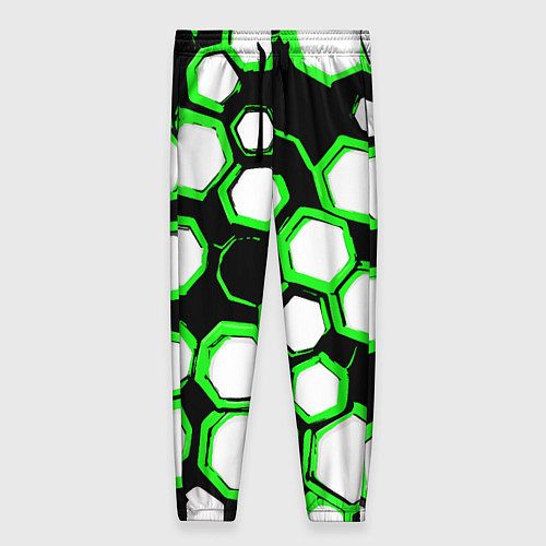 Женские брюки Бело-зелёные шестиугольники на чёрном фоне / 3D-принт – фото 1