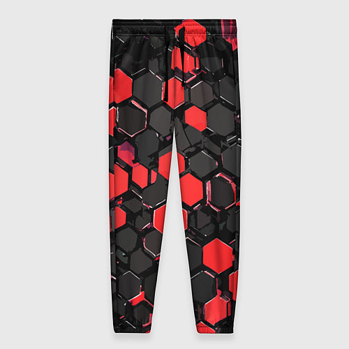 Женские брюки Красно-серые шестиугольники на чёрном фоне / 3D-принт – фото 1
