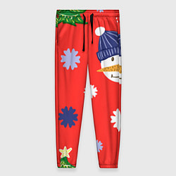 Брюки женские Новогодний узор со снеговиком и снежинками, цвет: 3D-принт