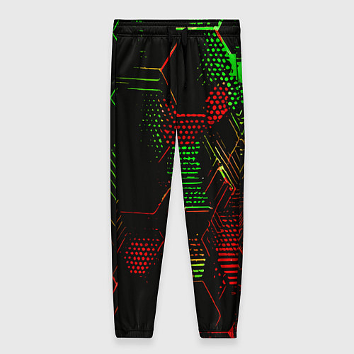 Женские брюки Красно-зелёные точки и линии на чёрном фоне / 3D-принт – фото 1