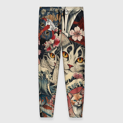 Женские брюки Котики и рыбки в сакуре / 3D-принт – фото 1